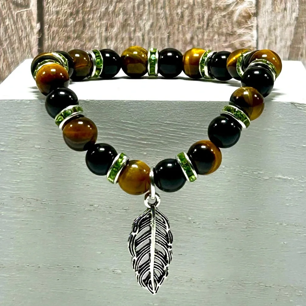Handmade Feather Charm Bracelet with Natural Tiger Eye Stones! - Picture 7 of 8